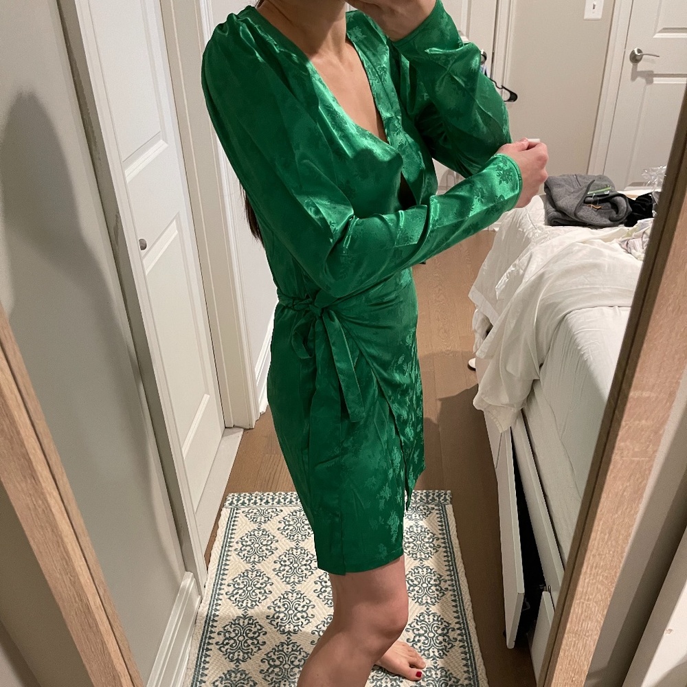 Zara Emerald Green Satin Wrap Mini Dress - Picture 2 of 5